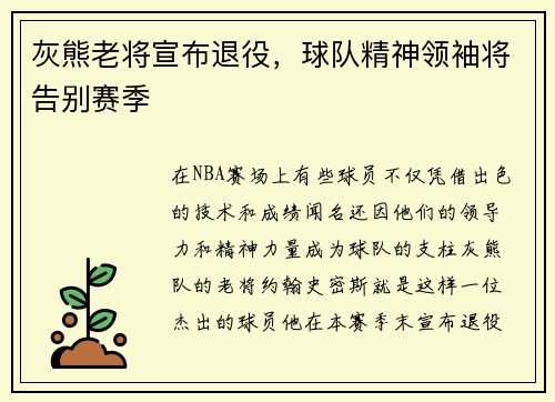 灰熊老将宣布退役，球队精神领袖将告别赛季